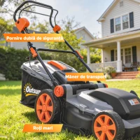 Outsunny Mașină de Tuns Iarba Electrică 1800W cu Lățime de Tăiere 40cm, Mulcire și Sac de Colectare 50L, Mâner Detașabil Reglabil, 6 Nivele de Tăiere 25-75 mm, Gri Deschis(m-9)