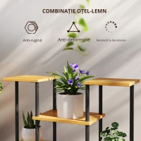 Outsunny Suport plante interior etajeră plantă cu 6 nivele cadru din oțel bază lemn masiv 80 x 24 x 61,5 cm lemn natural(m-6)