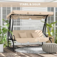 Outsunny Balansoar de Gradina cu 3 Locuri, Convertibil in Balansoar, cu Acoperis Reglabil si 2 Suporturi pentru Pahare(m-5)