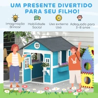 Outsunny Casinha de Madeira Infantil com Porta Janelas Floreiros e Prateleiras com Detalhes Coloridos 114x126,4x135 cm Azul(m-6)