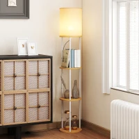HOMCOM Lampă de podea cu rafturi cu 3 temperaturi de culoare telecomandă pentru living dormitor birou lemn natural(m-4)