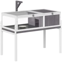 PawHut Casa para Tortugas de Madera con Techo de Malla Bandeja Extraíble y Soporte para Lámpara 104x53x82 cm Gris y Blanco(m-1)