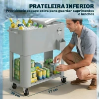Outsunny Carrinho Refrigerador de 76L com Rodas Prateleira Abre-Garrafas Coletor de Tampas Dreno e 2 Alças para Pátio Festa 92x39x81 cm Prata(m-7)
