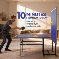 SPORTNOW Stół do tenisa stołowego, składany, przenośny, 2 rakiety, 3 piłki, rama metalowa, 274x152,5x76 cm, Niebieski(m-4)