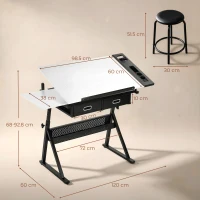 HOMCOM Masă de desen cu taburet și 2 sertare, înălțime reglabilă, blat înclinabil 0° à 60°, 120 x 60 x 68-92 cm, alb(m-3)