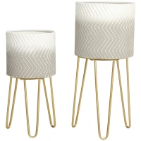 Outsunny Lot de 2 supports cache-pots ronds pour plantes en métal avec pieds épingles hauteurs 67 et 52 cm gris(m-12)