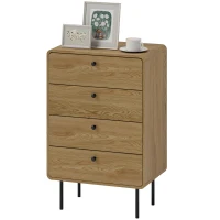 HOMCOM Kommode 4 Schubladen, schlanker Aufbewahrungsschrank mit Stahlfüßen, abgerundete Ecken, 60 x 39 x 91,5 cm, Eiche(m-7)