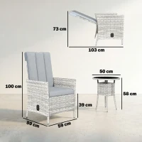 Outsunny Rattan Bistro Set, Reclining Garden Chairs and Glass Coffee Table with Cushions for Patio Balcony Porch, Light Grey(m-3)