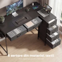 HOMCOM Birou de Colț Reversibil cu Prize de Curent și Porturi USB, 126 x 48 cm, Birou în Formă de L cu 6 Sertare din Material Textil, Cârlig Lateral, pentru Computer, Birou, Studiu, Acasă, Negru(m-6)