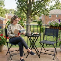 Outsunny 3 Pieces Outdoor Bistro Set, Glass Top Outdoor Table and 2 Folding Chairs with Protecting Feet, Black(m-8)