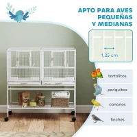 PawHut Jaula para Pájaros Grande con Divisor Ruedas 4 Comederos 4 Perchas Estante 2 Bandejas Extraíbles 95x45,5x102 cm Blanco(m-5)