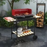 Outsunny Barbecue à charbon BBQ grill sur pied avec gril réglable 2 roues et 3 étagères récupérateur de cendres rouge(m-10)