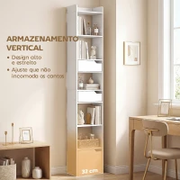 HOMCOM Estante para Livros com 2 Gavetas e Porta Estante Estreita com 6 Prateleiras Abertas 32x24x181,5 cm Branco(m-4)