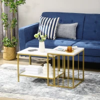 HOMCOM Lot de 2 tables basses gigognes carrés - plateau blanc aspect marbre et pied en métal doré(m-10)