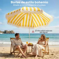 Outsunny Sombrilla de Playa con Flecos Ø180 cm Sombrilla de Terraza Exterior Altura Ajustable Inclinación 30° Amarillo y Blanco(m-4)