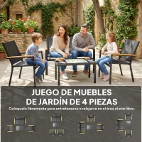 Outsunny Conjunto Jardín Exterior de 4 Piezas con Sofá de 2 Plazas 2 Sillones Mesa de Cristal Templado Tela Textilene Negro(m-4)