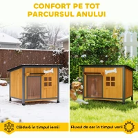 PawHut Cușcă pentru câini de exterior din lemn și oțel rezistent la mușcături, cu acoperiș rabatabil și perdea pentru ușă, galben(m-5)