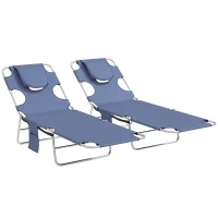 Outsunny 5-Position Adjustable Sun Loungers Set of 2 with Reading Hole and Side Pocket, Grey(m-1)