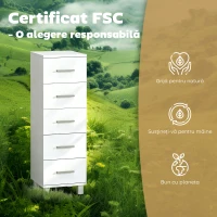 HOMCOM Dulap Slim pentru Baie cu 5 Sertare, Dulap Compact cu Mânere Moderne, Comodă Îngustă pentru Cameră, Bucătărie sau Hol, 30x30x95 cm, Alb(m-5)