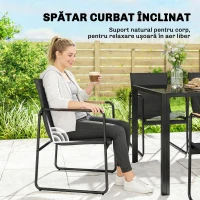 Outsunny Set Masă și Scaune de Grădină 7 Piese, Set Prânz Exterior cu Masă din Sticlă Temperată, 6 Scaune din Texteline Respirabil, Cotiere Decorative, Structură din Oțel pentru Terasă Balcon, Negru(m-5)