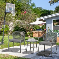 Outsunny Salon de jardin bistrot 3 pièces cadre en acier 2 fauteuils 1 table basse plateau en verre trempé coussins inclus gris(m-10)