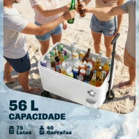 Outsunny Carro Frigorífico de 56L com Rodas Pega Ajustável Abre-garrafas Recolhe-tampas Dreno 75x35x120 cm Branco(m-4)