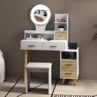 HOMCOM Coiffeuse avec miroir et tabouret table de maquillage luminosité réglable 5 tiroirs 4 compartiments1 étagère blanc(m-10)