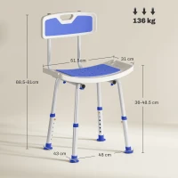 HOMCOM Shower Stool with Backrest, Height Adjustable Shower Chair with Anti-slip Foot Pads, Shower Head Holder, Blue(m-3)