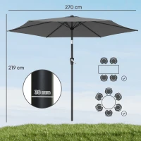 Outsunny Parasol Ø270 cm Regulowany Balkonowy z Korbką UV 50+ Ogrodowy Ciemnoszary(m-3)