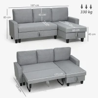 HOMCOM Three-Seater Storage Sofa Bed - Grey(m-3)
