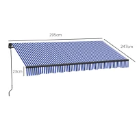 Outsunny Toldo retrátil manual para varanda inclinação ajustável manivela estrutura em alumínio poliéster azul branco(m-3)