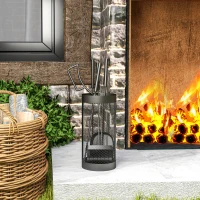 Outsunny Ensemble serviteur de cheminée, serviteur de cheminée à 5 pièces, balai pelle pince tisonnier et seau, métal, noir(m-10)