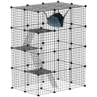 PawHut Cușcă pentru pisici de interior parc pentru pisici din oțel la 4 nivele DIY cu 5 uși hamac 1-3 pisici 105 x 70 x 140 cm negru(m-7)