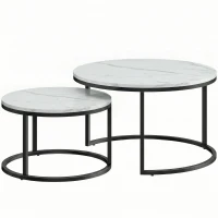 HOMCOM Set of Two Marble-Effect Stacking Tables - White(m-1)