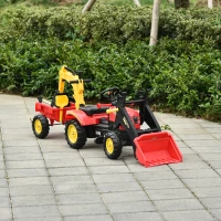 HOMCOM Tracteur à pédales tractopelle Double avec remorque Pelle et rateau Jeu de Plein air Enfants 3 à 6 Ans Rouge Noir(m-10)