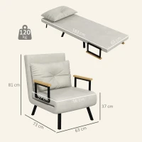 HOMCOM Fotoliu Pat 3 în 1 cu Spătar Reglabil și Pernă, din Material cu Efect de Catifea, 63x73x81 cm, Crem(m-3)