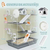 PawHut Cușcă pentru Hamsteri cu 4 Niveluri și 16 Tuburi, cu Căsuță, Rampă, Boluri, Rezervor de Apă și Tavă Antipicurare, Cușcă din Metal și Plastic, 47x30x70 cm, Gri(m-4)