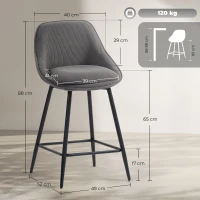 HOMCOM Set de 2 scaune de bar cu tapițerie din corduroy și picioare din oțel, scaune tapițate pentru insula de bucătărie, sufragerie, Gri(m-3)