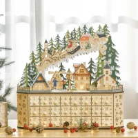 HOMCOM Calendar de Advent Decorațiune de Crăciun, 24 sertare, lumini LED, 39 cm x 9 cm x 42 cm, Alb + Verde(m-2)