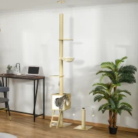 PawHut Arbre à chat sol au plafond hauteur réglable 225-285 cm avec poteau à gratter 4 niveaux niche hamac échelle jeux beige(m-10)