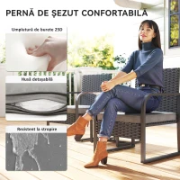 Outsunny Set de Grădină 3 Piese din Rattan PE și Oțel, Set cu 2 Fotolii și Perne Lavabile, Masă de Cafea cu Blat din Sticlă, Mobilier de Balcon pentru Terasă sau Curte, Gri Închis și Negru(m-7)