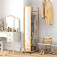 HOMCOM Miroir sur pied avec roulettes et multi-rangements 1 tringle portant 3 étagères inférieures chambre entrée, en bois(m-10)