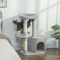 PawHut Copac pentru pisici turn de joacă cu stâlpi pentru zgâriat, platformă, căsuță, bilă, pluș, 60 x 45 x 90 cm, gri deschis(m-2)