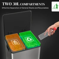 HOMCOM Kosz na śmieci z 2x30L komorami, pokrywą soft-close, odporny na odciski, stal nierdzewna, srebrny(m-4)