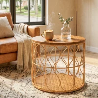 Outsunny Mesa auxiliar Ø50 cm resistente a la intemperie con aspecto de ratán, tablero de madera de acacia, patas regulables Teca(m-5)