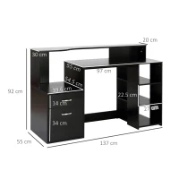 HOMCOM Birou pentru calculator cu 2 sertare, birou cu depozitare, 137 x 55 x 92 cm, rafturi deschise și poliță pentru imprimantă, stil modern, masă pentru calculator pentru dormitor, studio, negru(m-3)