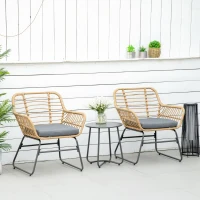 Outsunny Ensemble Bistro de Jardin 2 Places 3 pièces Style Exotique 2 fauteuils + Table Basse résine tressée Beige Acier époxy Gris(m-10)