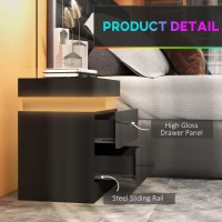 HOMCOM Black Bedside Table with LED Light, High Gloss Front Nightstand with 2 Drawers, for Living Room, Bedroom(m-7)