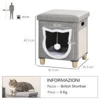 PawHut Casetta per Gatti con Tiragraffi, Cuscino e Pallina, in Legno e Poliestere, 35.5x35.5x42.5 cm, Crema e Grigio(m-3)