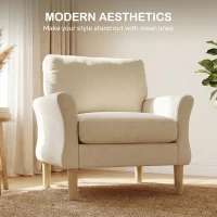HOMCOM Aksamitny fotel z drewnianymi nogami, szeroki fotel wypoczynkowy do salonu i sypialni, kremowy(m-6)